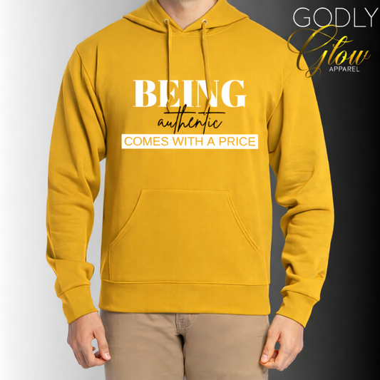 Unisex “Being Authentic Comes with a Price” Hoodie ( Mustard yellow White & Black)